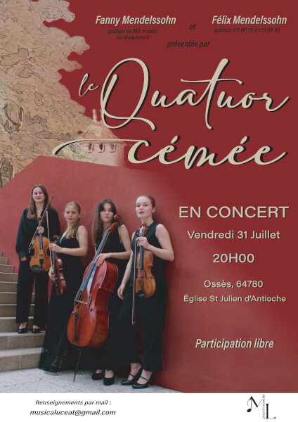 Vendredi 31 juillet, Ossès : Concert du quatuor Cémée